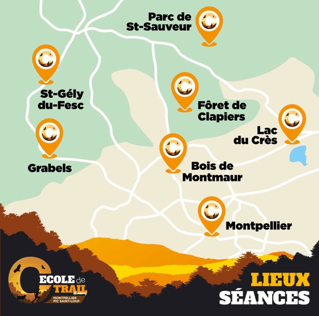 Cartes lieux séances école de trail Montpellier